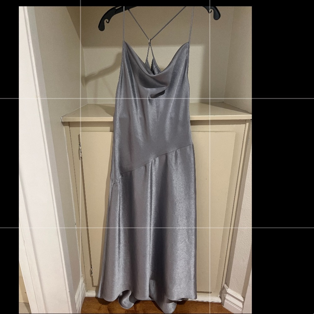 HALSTON. Silver bias cut drop neckline open back dress! Hi Lo MIDI